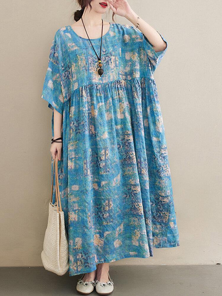 Casual Floral Printed Loose Fit O-Neck Maxi Dress For Women