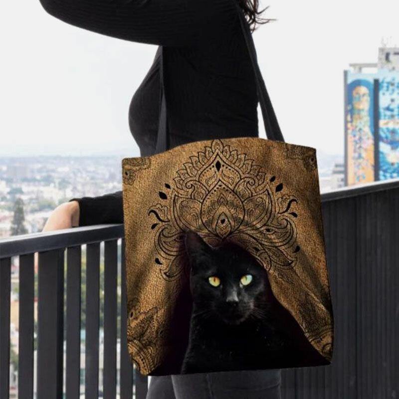 Bolso de mano de lona con diseño de gato negro bonito para mujer 