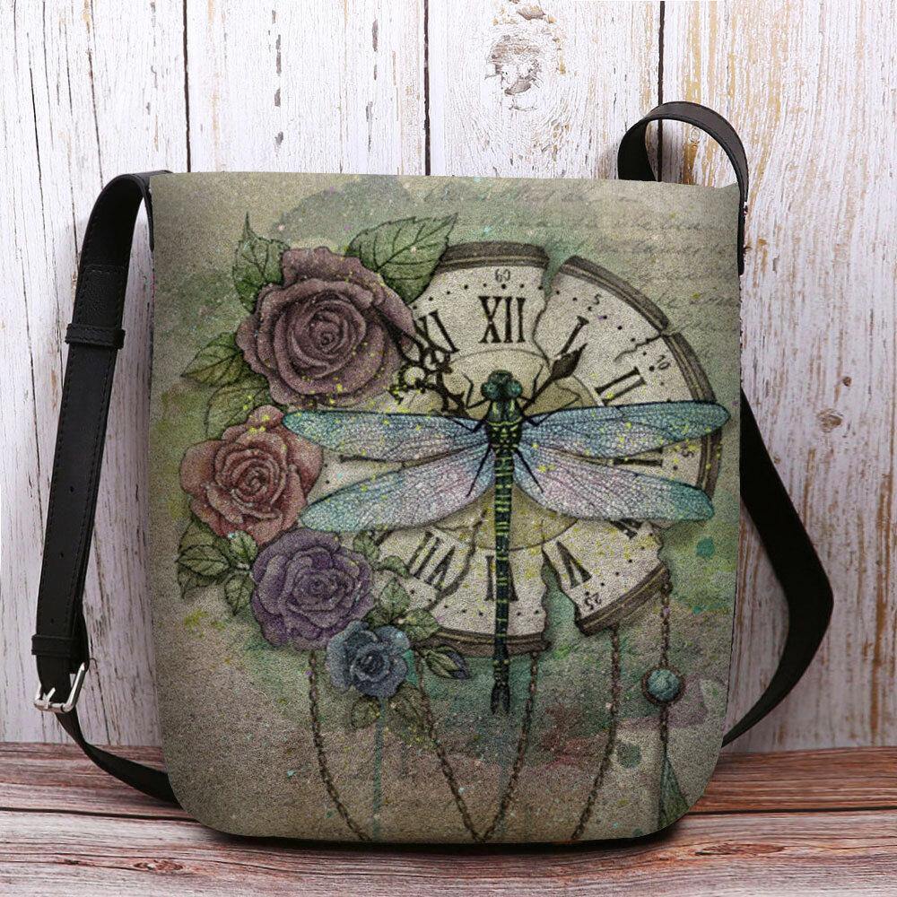 Bolso bandolera con estampado de flores de libélula 3D Vintage informal de fieltro para mujer 