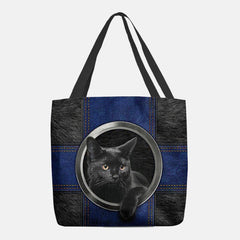 Women Canvas Cute Cartoon Black Cat Print Handbag Tote Shoulder Bag