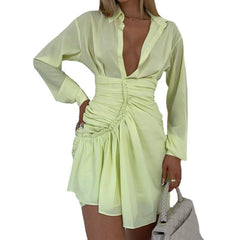 Solid Color Sexy Pleated Shirt Dress Women