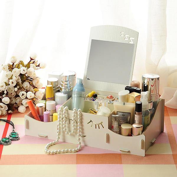 Creative Diy Wooden Cosmetic Storage Box Desktop Storage Container With Mirror Desktop Organizer