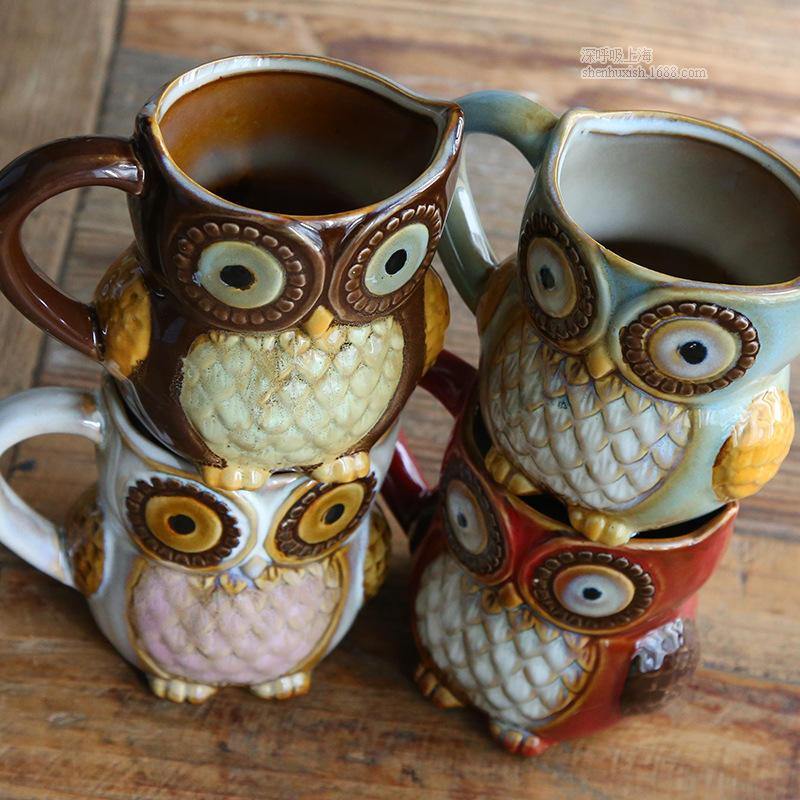 Creative Colorful Ceramic Crafts Owl Shaped Cup Drinking Water Cup Ceramic Cup