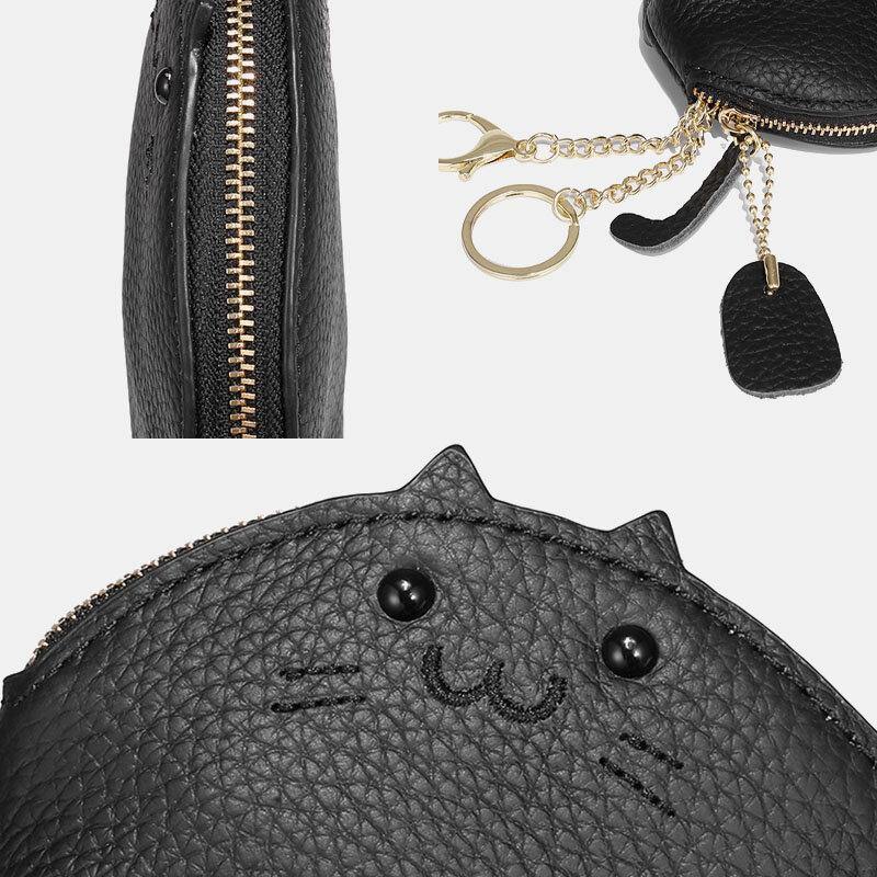 Women Genuine Leather Casual Cute Animal Cat Pattern Mini Hanging Coin Bag Storage Bag