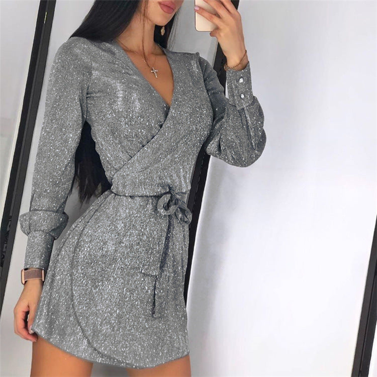 Lace V-neck short skirt sequined silver dot dress