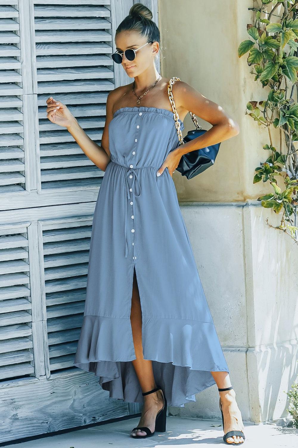 Tie Waist Strapless Asymmetrical Hem Dress