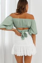 Linka Off-Shoulder Half Sleeve Tie-Back Crop Top Pistachio