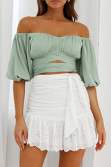 Linka Off-Shoulder Half Sleeve Tie-Back Crop Top Pistachio