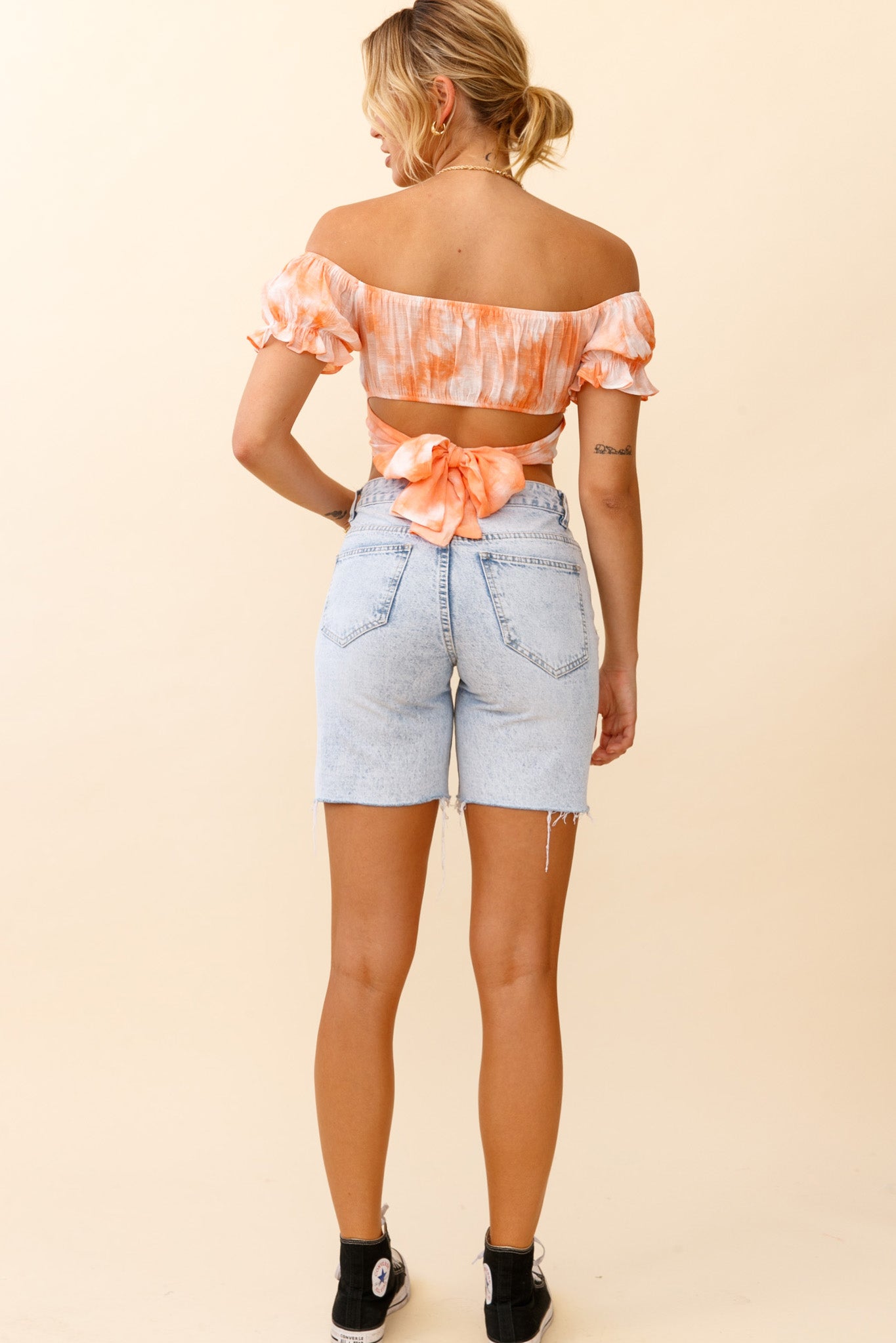 Linka Off-Shoulder Tie-Back Crop Top Tie-Dye Orange