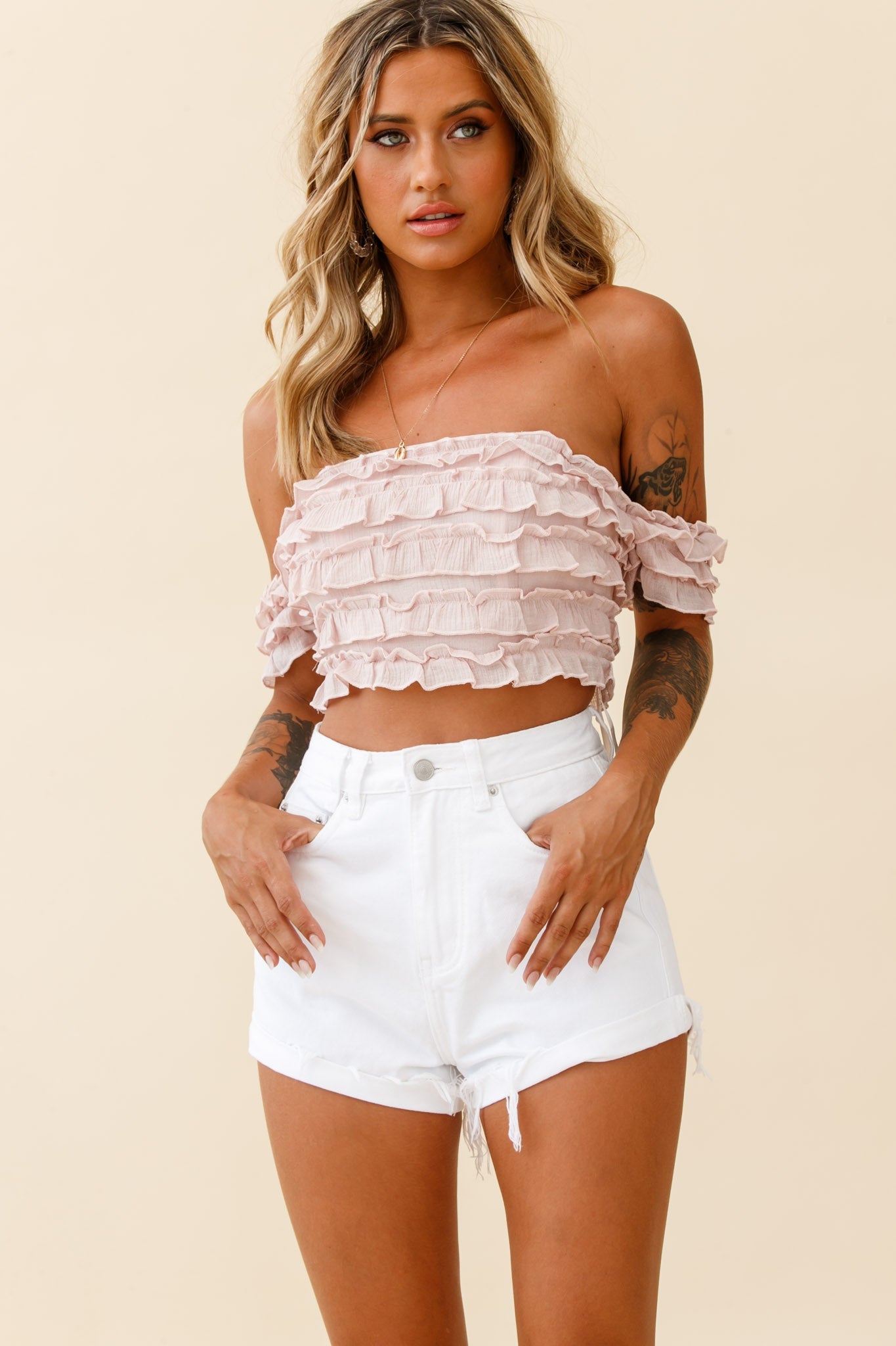 Tigerlily Tiered Frill Off-Shoulder Top Blush