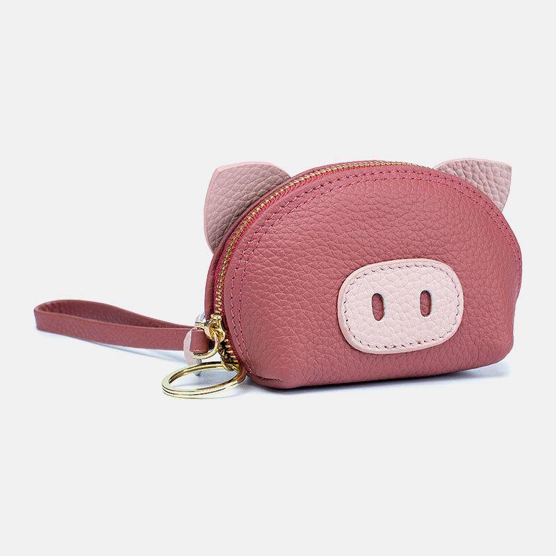 Women Genuine Leather Casual Cute Animal Pig Pattern Mini Hand Carry Coin Bag Storage Bag