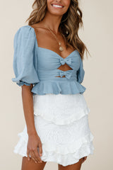 Sweet Dreams Puff Sleeve Bow Detail Crop Top Blue