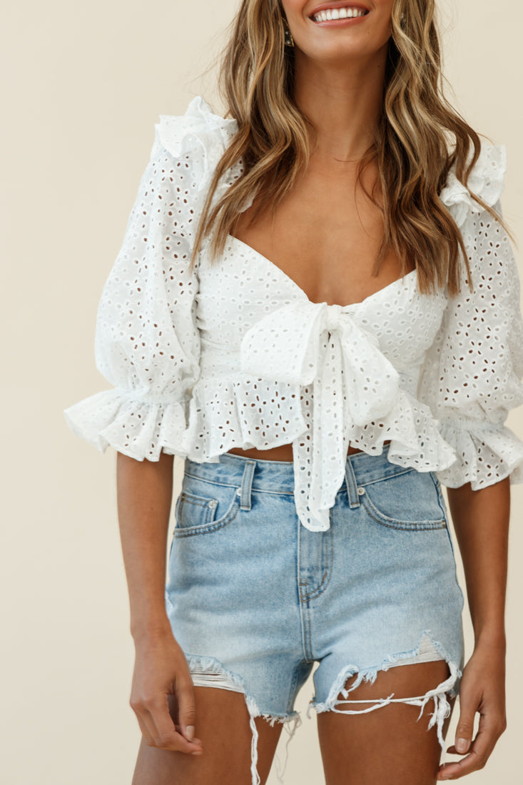 Sagen Sie das noch einmal, Puffärmel-Broderie-Anglaise-Crop-Top in Weiß