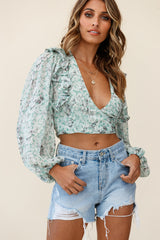 Hello, Dolly! Long Sleeve Waist Tie Crop Top Floral Print Green