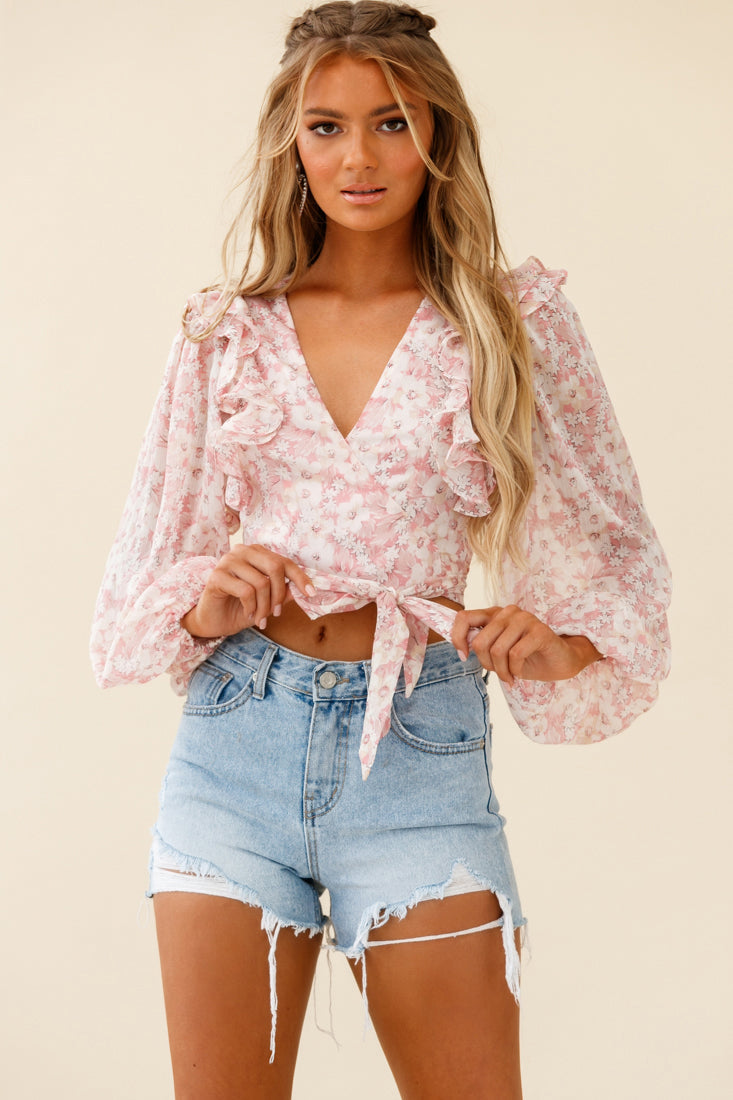 Hello, Dolly! Long Sleeve Waist Tie Crop Top Floral Print Pink