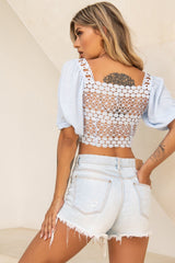 Golden Hour Lace-Up Front Crochet Crop Top Blue