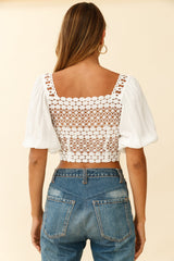 Golden Hour Lace-Up Front Crochet Crop Top White