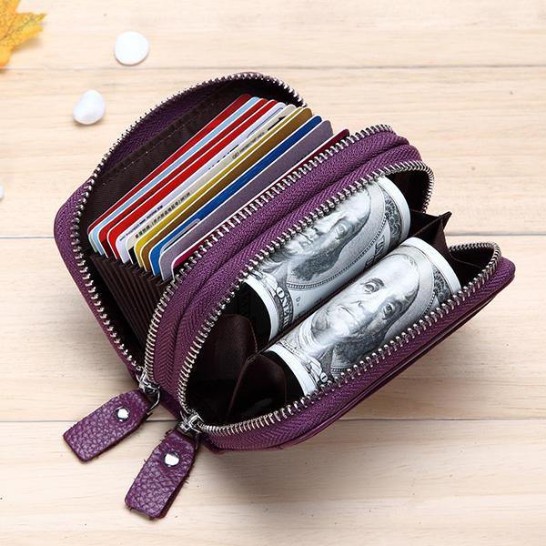 Genuine Leather RFID Double Zipper 11 Card Holder Coin Bag