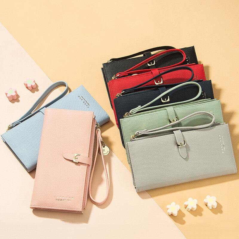 Women PU Leather Thin Solid Color Bifold Long Purse Card Holder Wallet