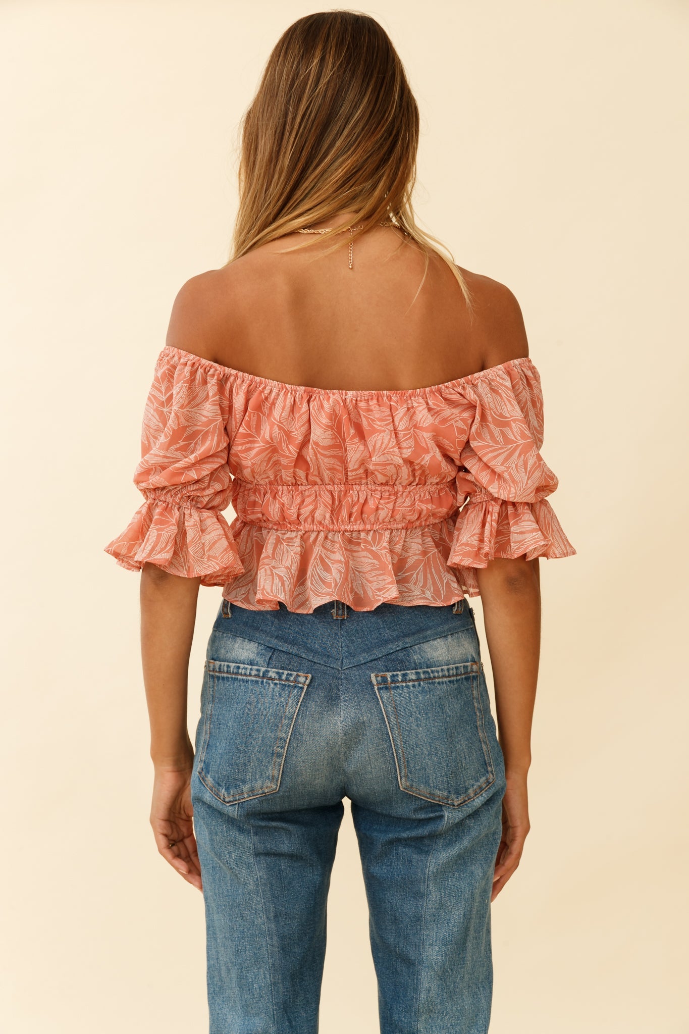 Josephina Off-Shoulder Lace-Up Front Crop Top Palm Print Pink