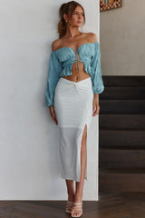 Josephina Off-Shoulder Long Sleeve Lace-Up Front Crop Top Sage