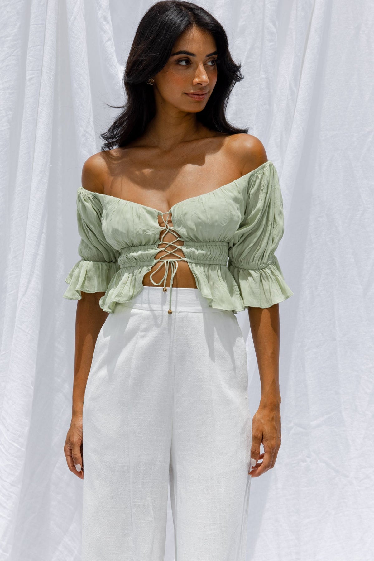 Josephina Off-Shoulder Lace-Up Front Crop Top Apple