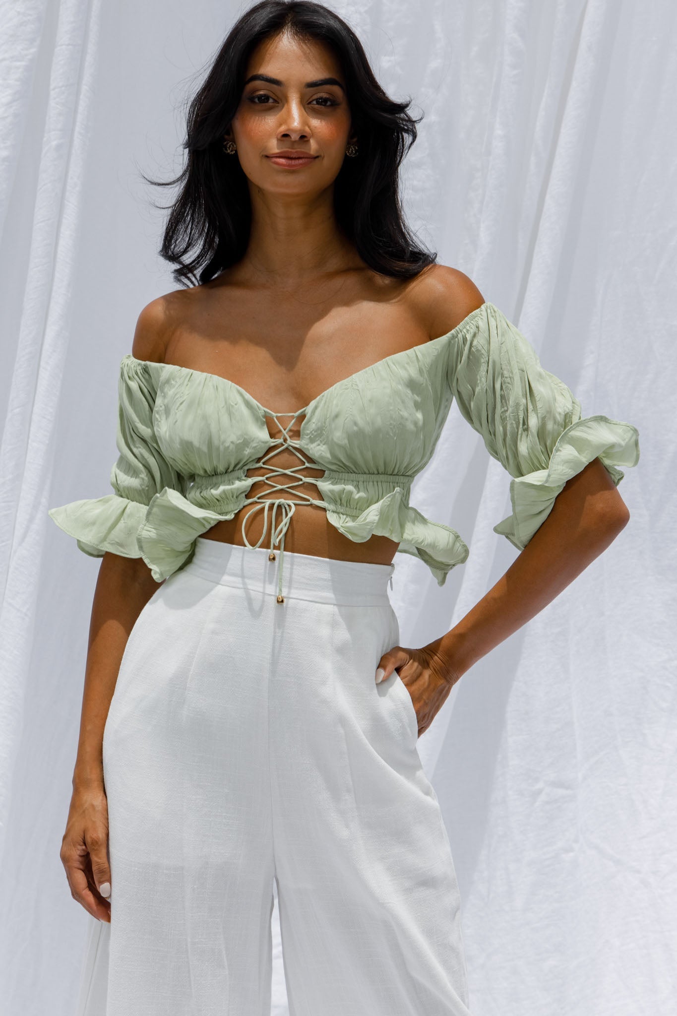 Josephina Off-Shoulder Lace-Up Front Crop Top Apple