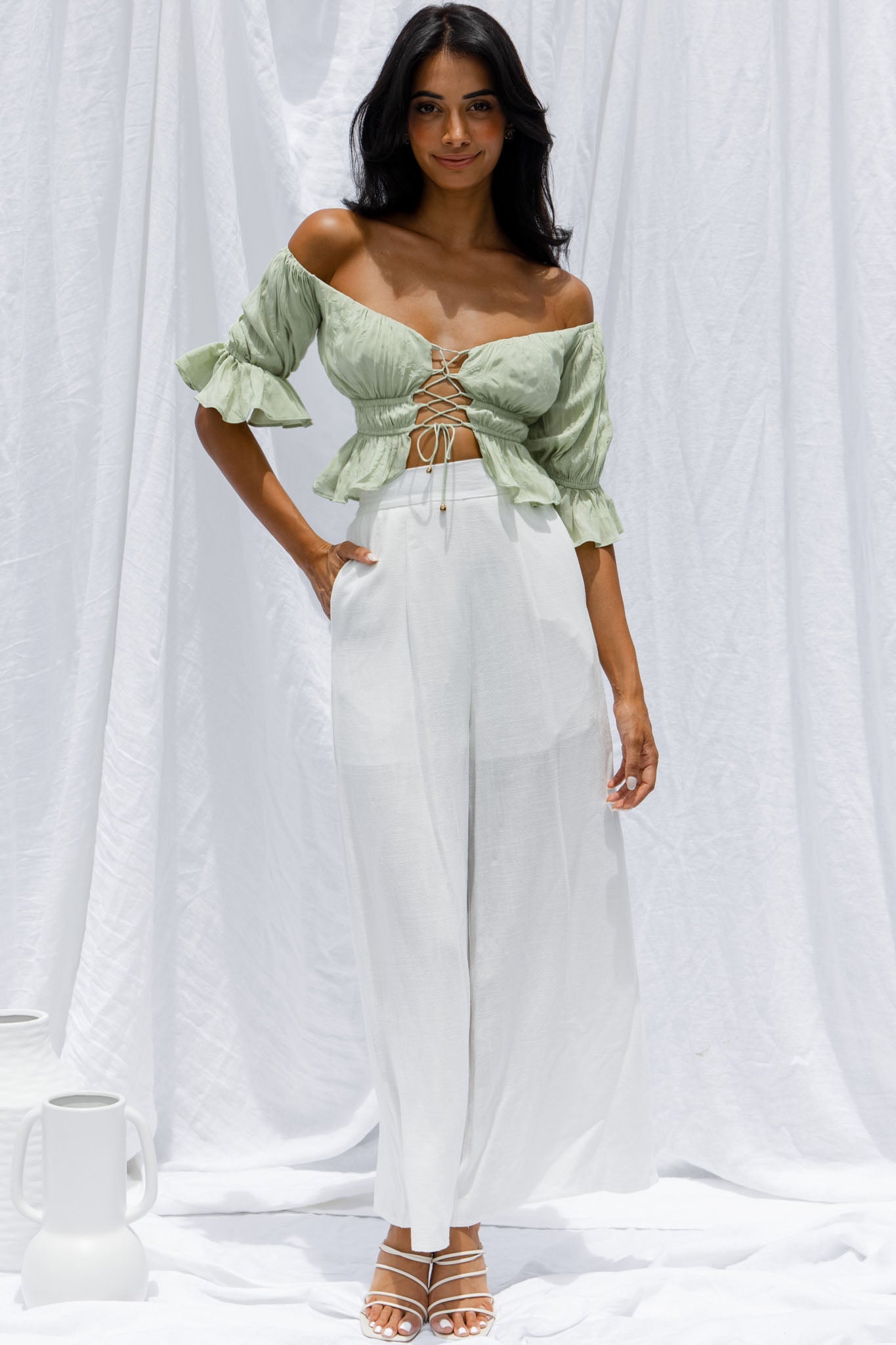 Josephina Off-Shoulder Lace-Up Front Crop Top Apple