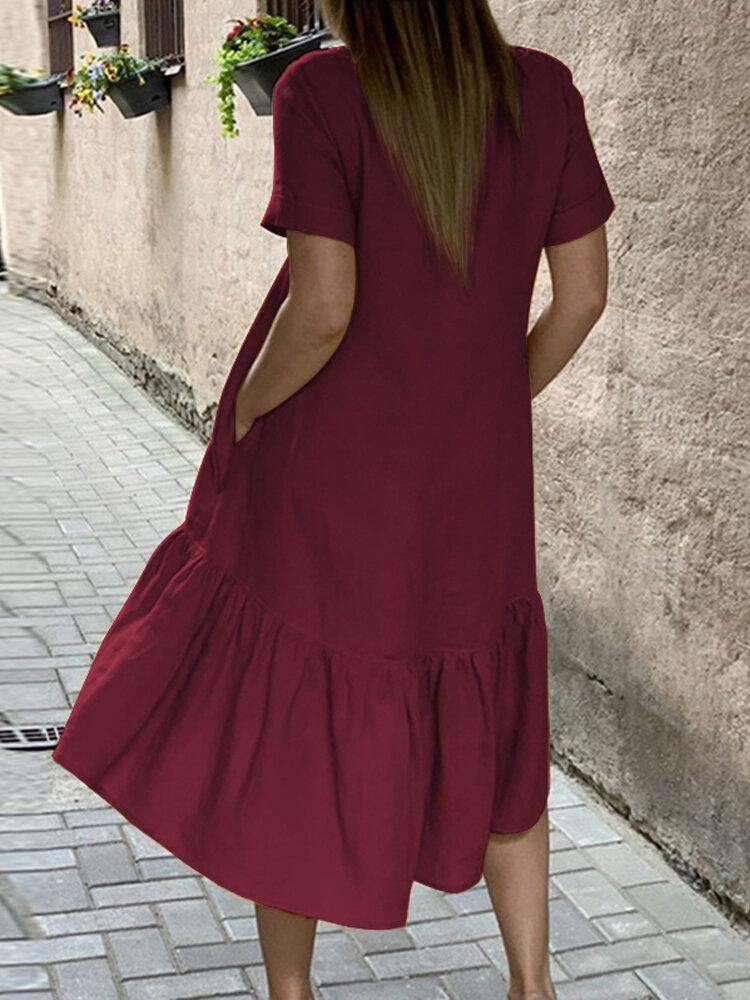 Cotton Women Solid Color Ruffles Round Neck Short Sleeve Casual Dresses