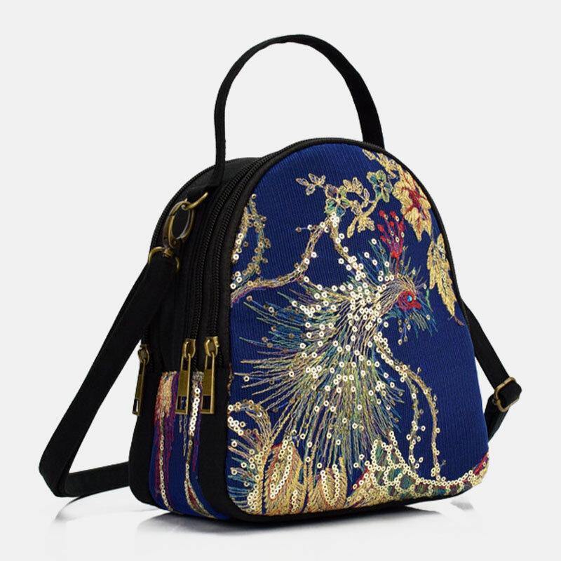 Women Canvas Ethnic Style Embroidery Peacock Pattern Sequin Mini Multi-carry Handbag Crossbody Bag