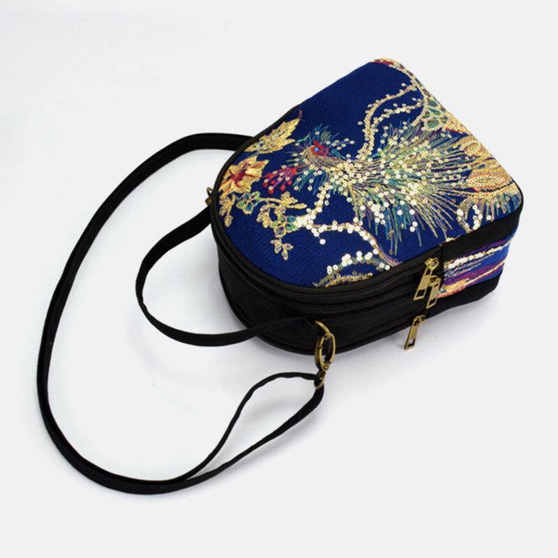 Women Canvas Ethnic Style Embroidery Peacock Pattern Sequin Mini Multi-carry Handbag Crossbody Bag