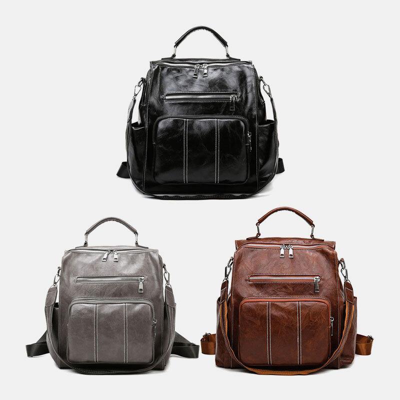 Women PU Leather Large Capacity Multi-pocket Retro Messenger Backpack Crossbody Bag Shoulder Bag