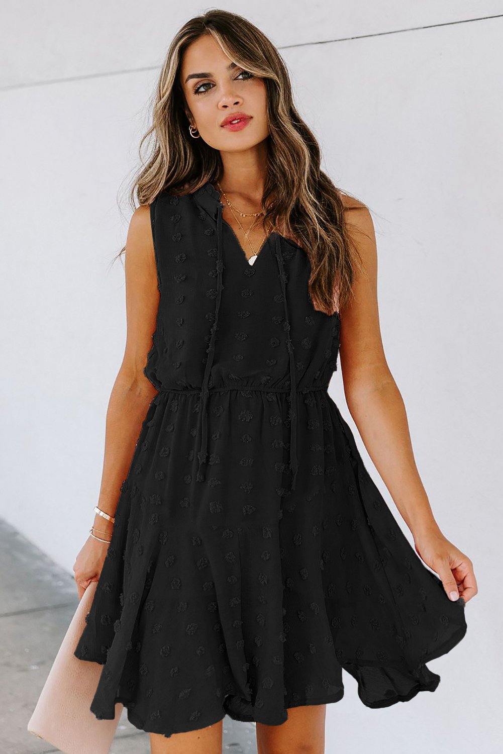 Split Neck Pom Pom Textured Flowy Dress