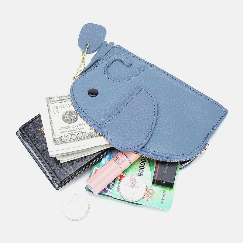 Women Genuine Leather Casual Cute Animal Elephant Pattern Mini Keychain Coin Bag Storage Bag