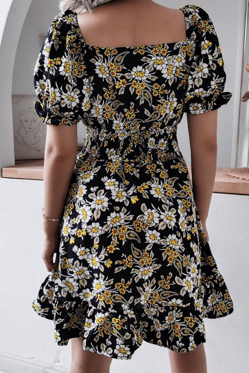 Floral Smocked Waist Puff Sleeve Dress