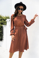 Polka Dot Lantern Sleeve Belted Dress