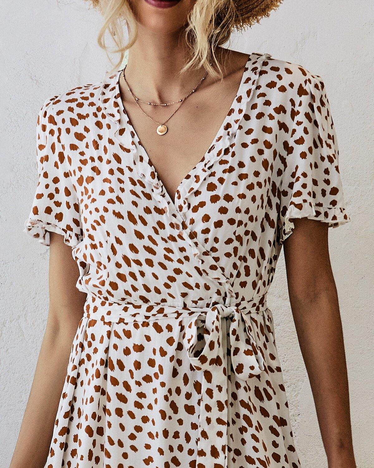 Bohemian Ruffle Wrap Animal Print Belted V-neck Short Sleeves Dress