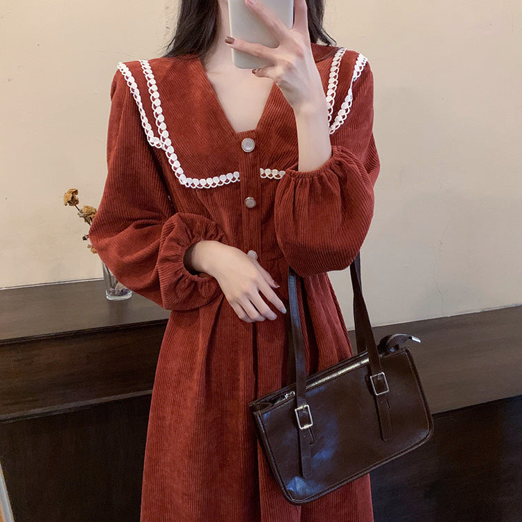 Cute Corduroy Button Long Sleeve Dress Plus Size