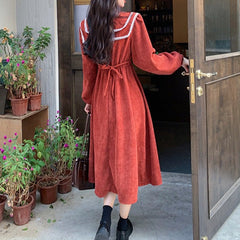 Cute Corduroy Button Long Sleeve Dress Plus Size