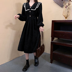 Cute Corduroy Button Long Sleeve Dress Plus Size