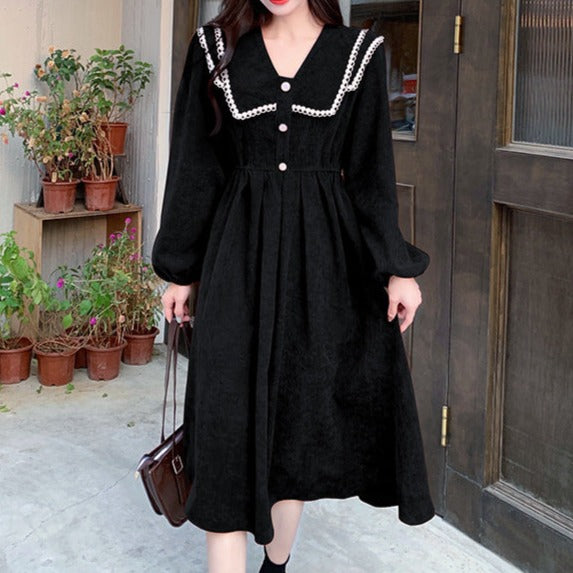 Cute Corduroy Button Long Sleeve Dress Plus Size