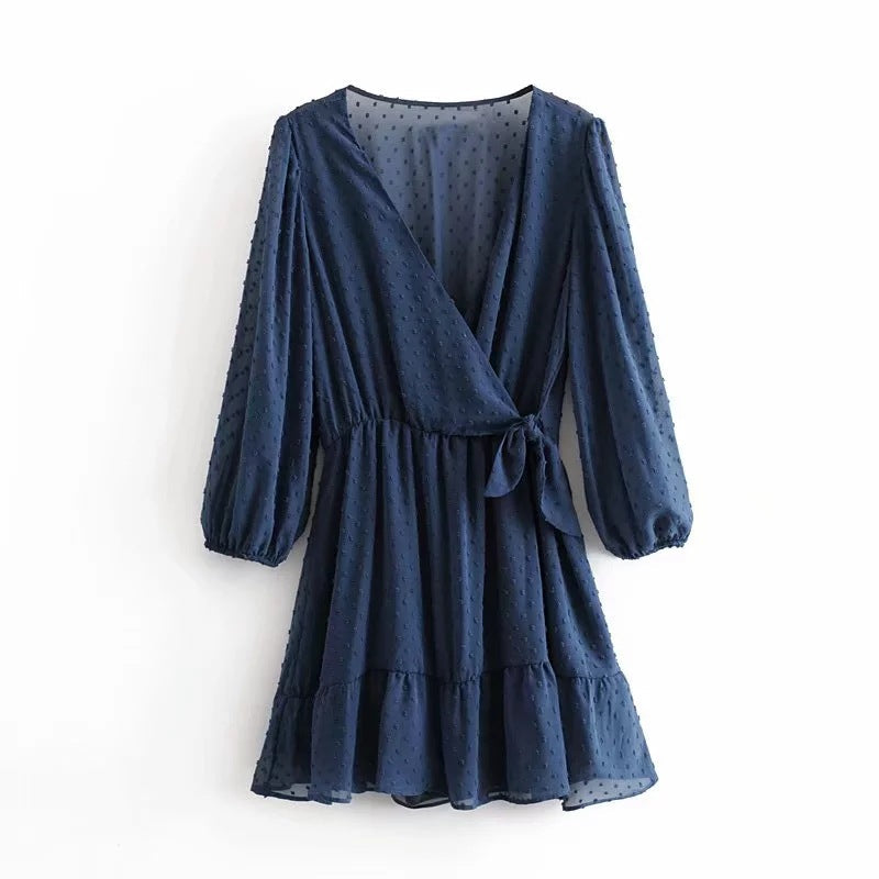 V-neck high waist pleated chiffon dress