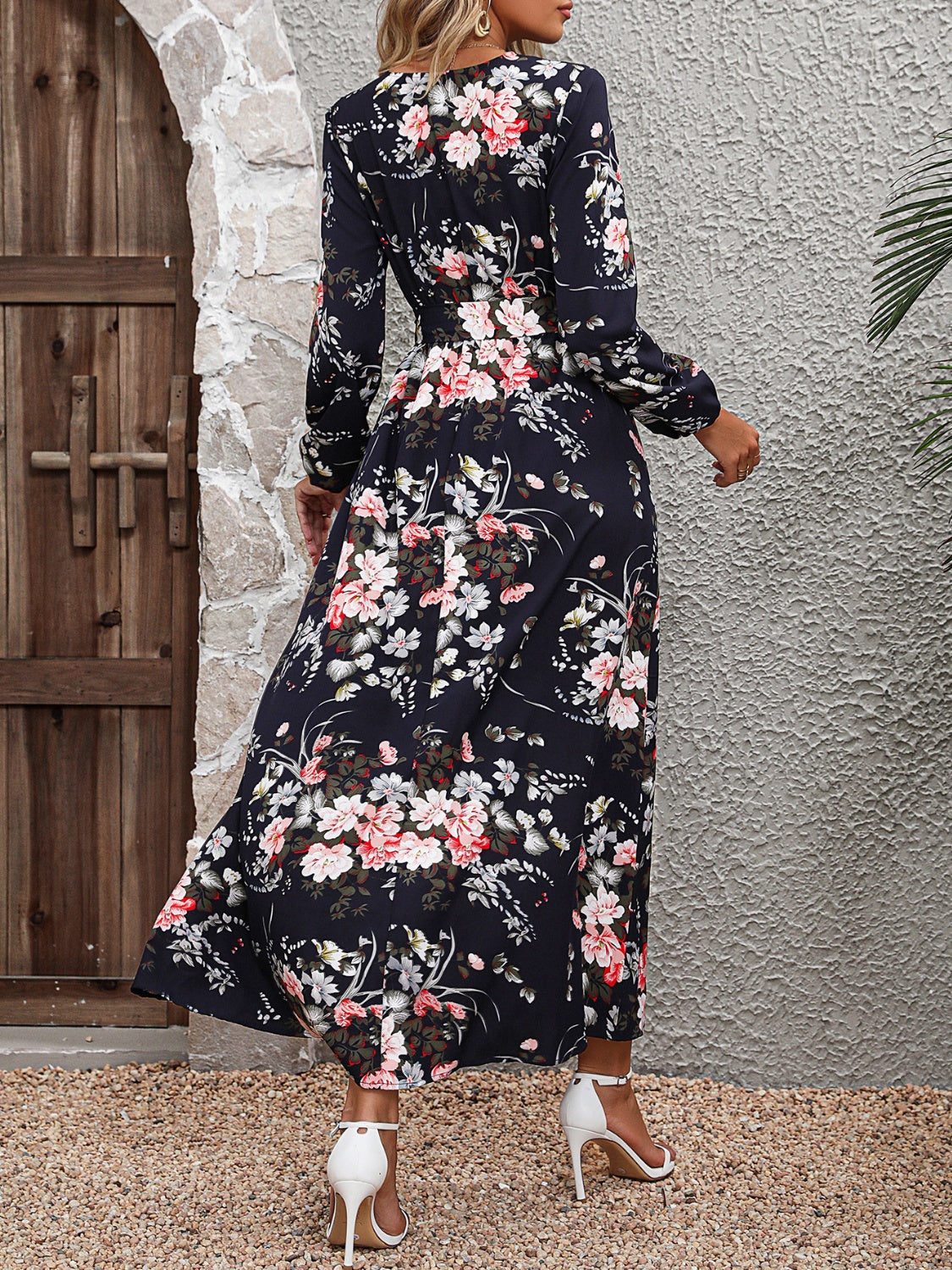 Floral Long Sleeve Surplice Neck Dress