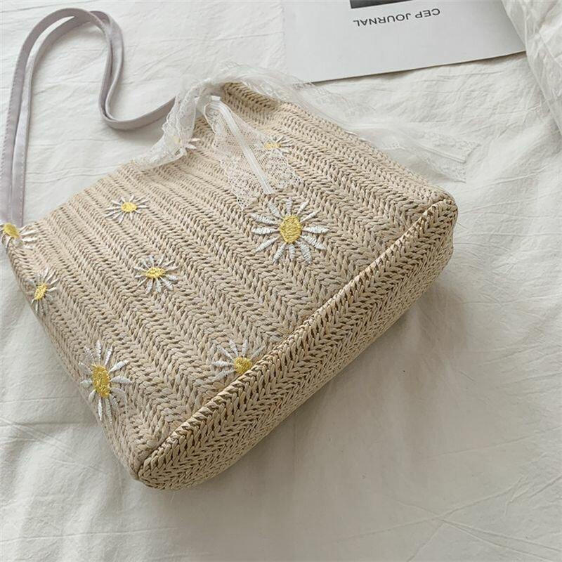 Bolso de hombro de gran capacidad con estampado de margaritas y girasoles de encaje de paja para mujer 