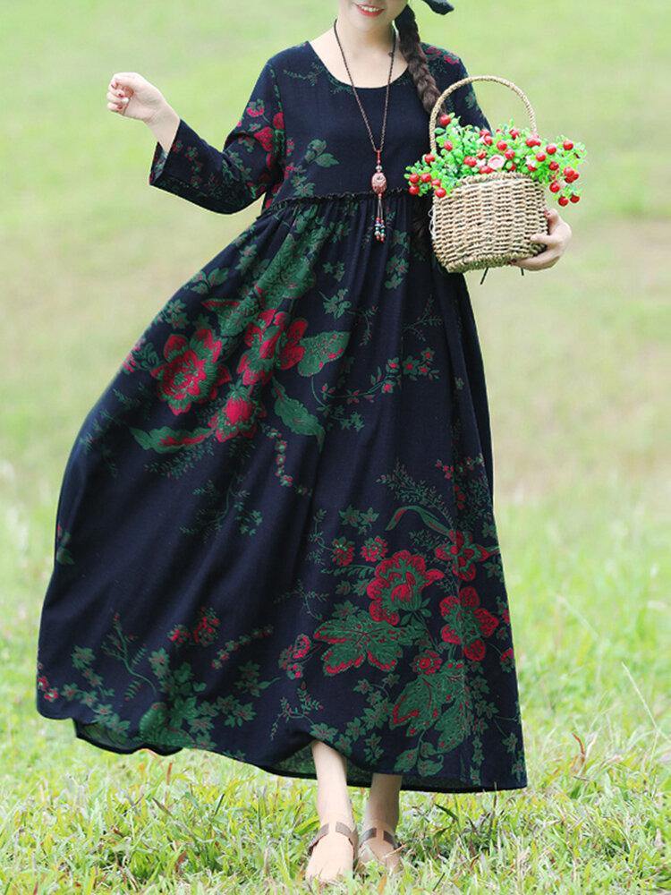 Bohemian Floral Printed Ruffles With Side Pockets Loose Maxi Dress