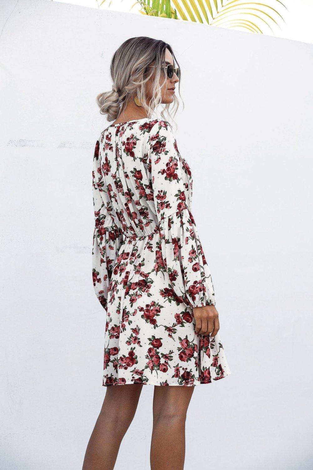 Floral Print Bishop Sleeve Tie-Neck Dress