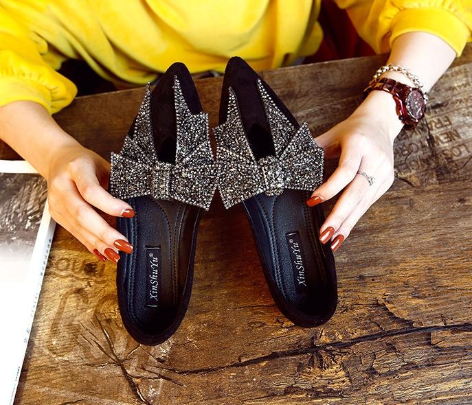 Women Large Bowknot Rhinestone Flat Loafers