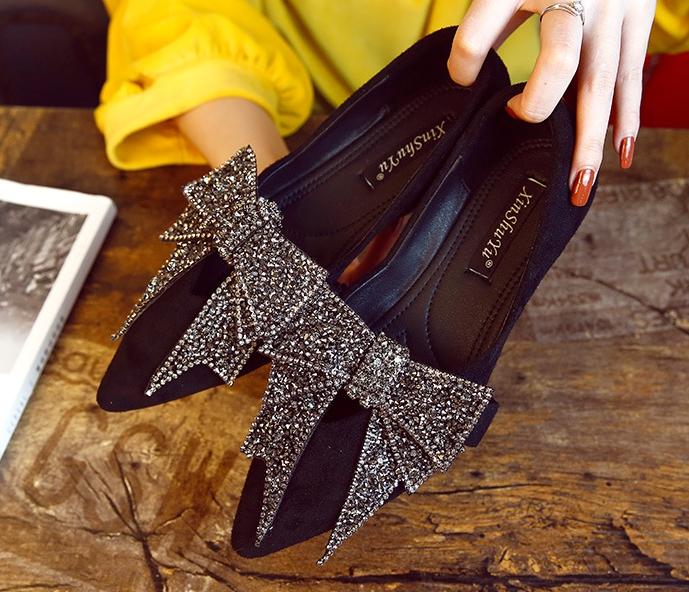 Women Large Bowknot Rhinestone Flat Loafers