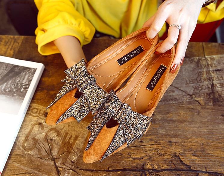 Women Large Bowknot Rhinestone Flat Loafers