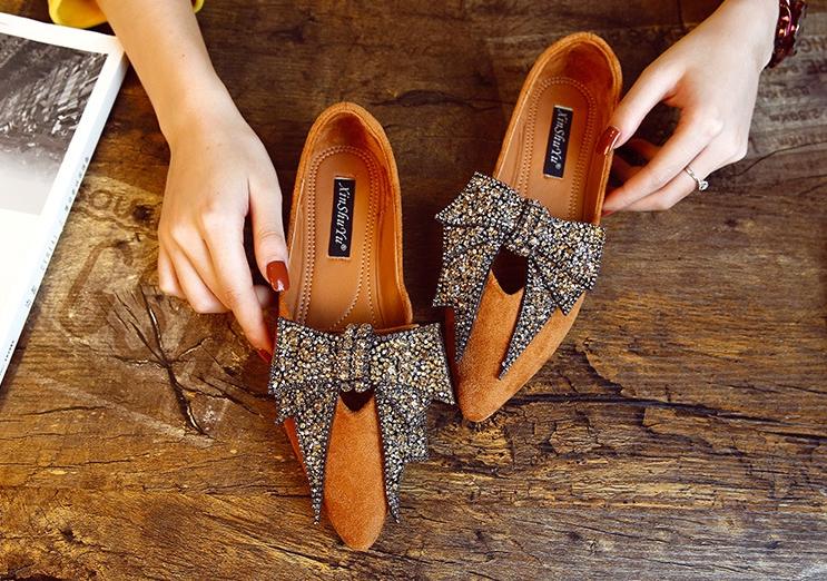 Women Large Bowknot Rhinestone Flat Loafers